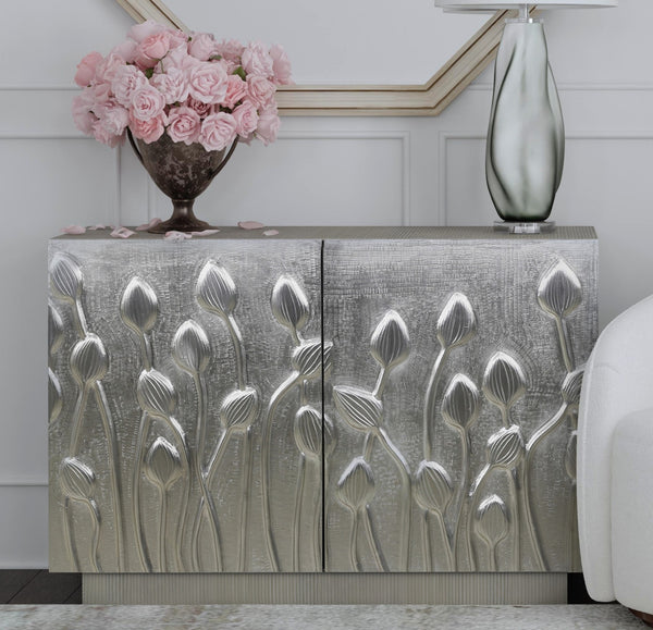 Basset Mirror Petal Modern Bar Cabinet – Elegant Solid Wood Frame With Unique Floral Design & Storage Options Silver Wood,Alluminum 2536-lr-508