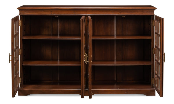 Sarreid Carmel-by-the-sea Bookcase: Elegant Walnut Finish, 4 Adjustable Shelves, Glass & Antique Brass Accents Brown  25364-3