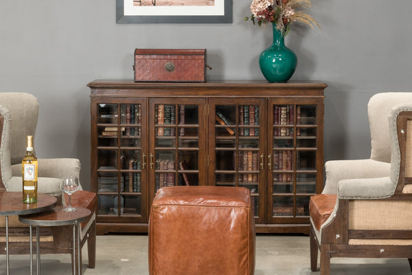 Sarreid Carmel-by-the-sea Bookcase: Elegant Walnut Finish, 4 Adjustable Shelves, Glass & Antique Brass Accents Brown  25364-3