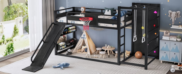 English Elm Twin Xl Metal Loft Bed with Climbing Wall Slide Basketball Hoop and Bookshelves W1580S00588
