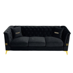 English Elm Fx-P83-Bk3 Modern Mid-Century 3-Seater Sofa With Gold Legs & Plush Faux Sherpa, Elegant Chesterfield Design W576S00217