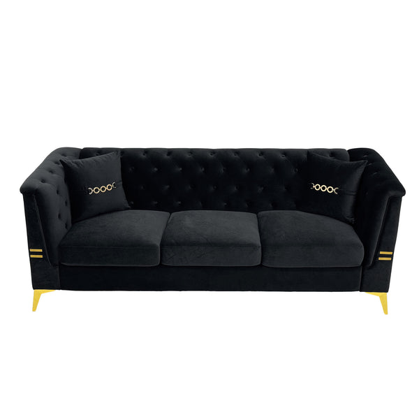 English Elm Fx-P83-Bk3 Modern Mid-Century 3-Seater Sofa With Gold Legs & Plush Faux Sherpa, Elegant Chesterfield Design W576S00217