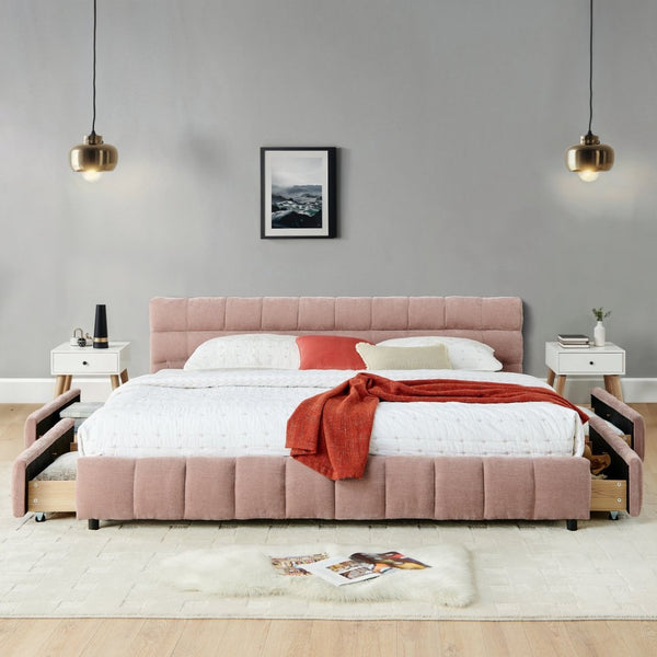 English Elm California King Platform Storage Bed Chenille Upholstered Frame Modern Bedroom Pink W487S00524