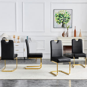 English Elm Modern Cantilever Gold Frame Pu Leather Dining Chairs Glam Set of Four Black W3875P372986