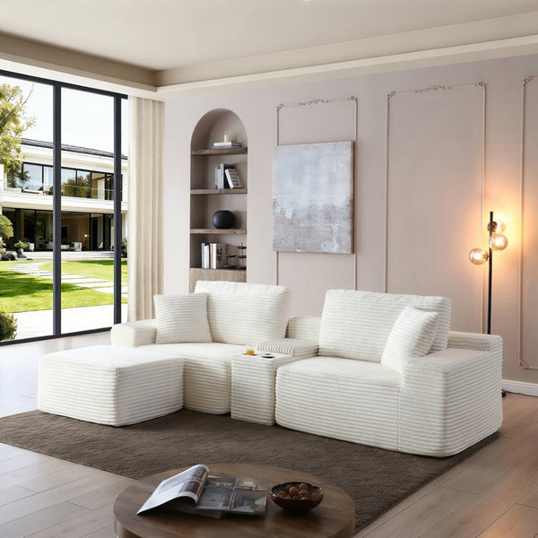 English Elm Modular Cloud Sectional Sofa with Corduroy Deep Seating Usb Ports and Storage Ottoman Beige W1117S00358