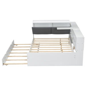 English Elm Wood Full Size platform bed with trundle, built-in storage headboard and shelves, sturdy pine frame White GX002055AAK