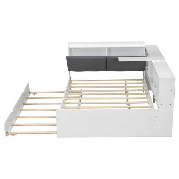 English Elm Wood Full Size platform bed with trundle, built-in storage headboard and shelves, sturdy pine frame White GX002055AAK