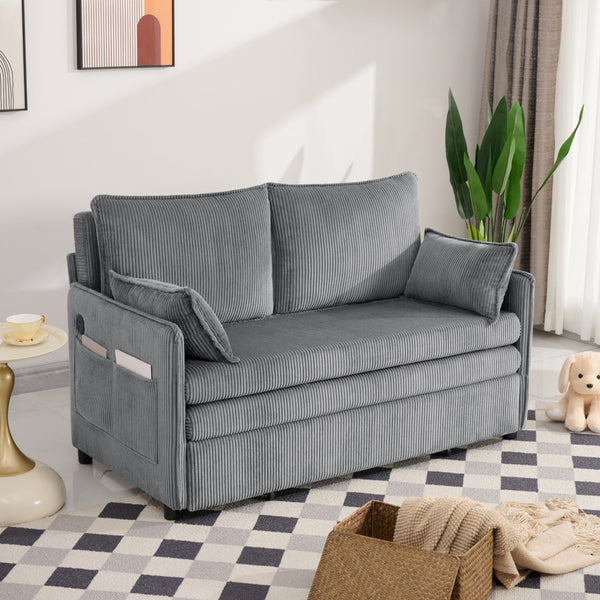 English Elm 55"convertible Corduroy Sofa Bed with Usb Port and Side Pockets for Small Apartments Grey W3373P405041