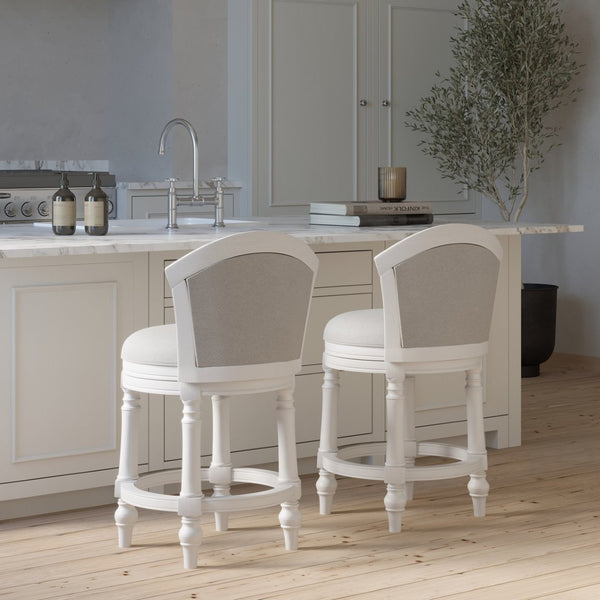 English Elm 26" Farmhouse Barrel Back Swivel Counterstool Upholstered Wood Frame Kitchen Island Seating White B2751P436470