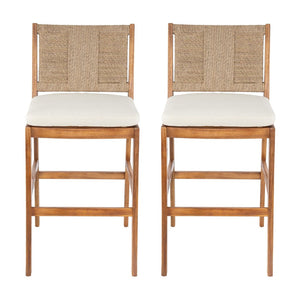 English Elm Outdoor Acacia Wood Barstools Set of 2 Wicker Back Patio Seating with Cushions N773P358719B