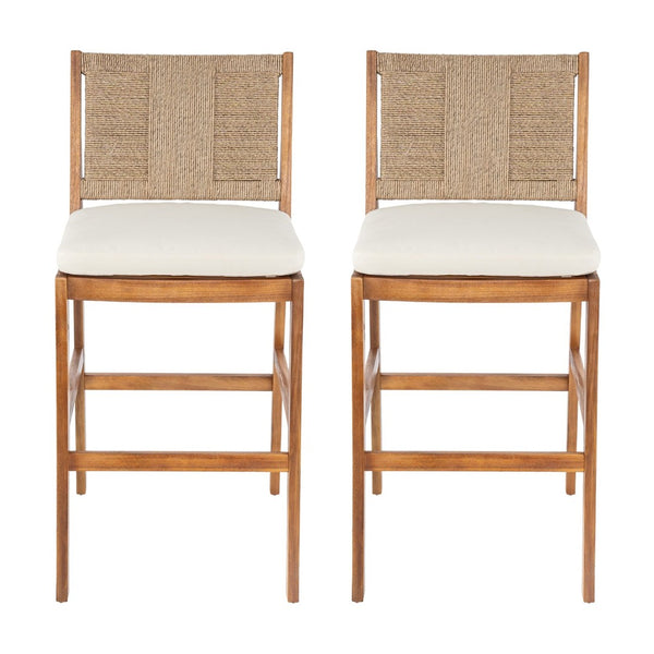 English Elm Outdoor Acacia Wood Barstools Set of 2 Wicker Back Patio Seating with Cushions N773P358719B