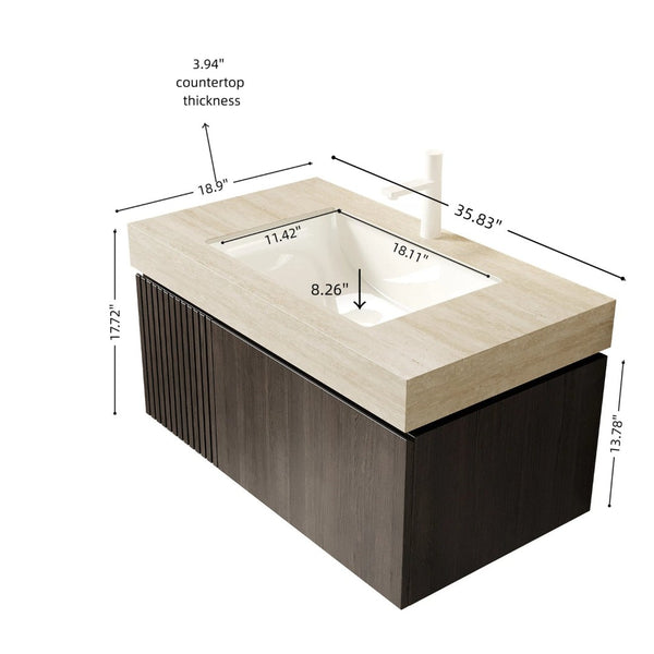 English Elm Muri Floating Bathroom Vanity Sintered Stone Top Espresso Plywood Cabinet Basin W2615S00604