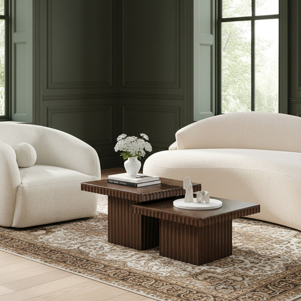Meridian Furniture Spencer Oak Veneer Nesting Coffee Table Fluted Base Walnut Finish Living Room Set 253Brown-CT-2A