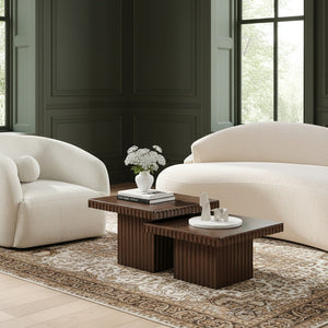 Meridian Furniture Spencer Oak Veneer Nesting Coffee Table Fluted Base Walnut Finish Living Room Set 253Brown-CT-2A