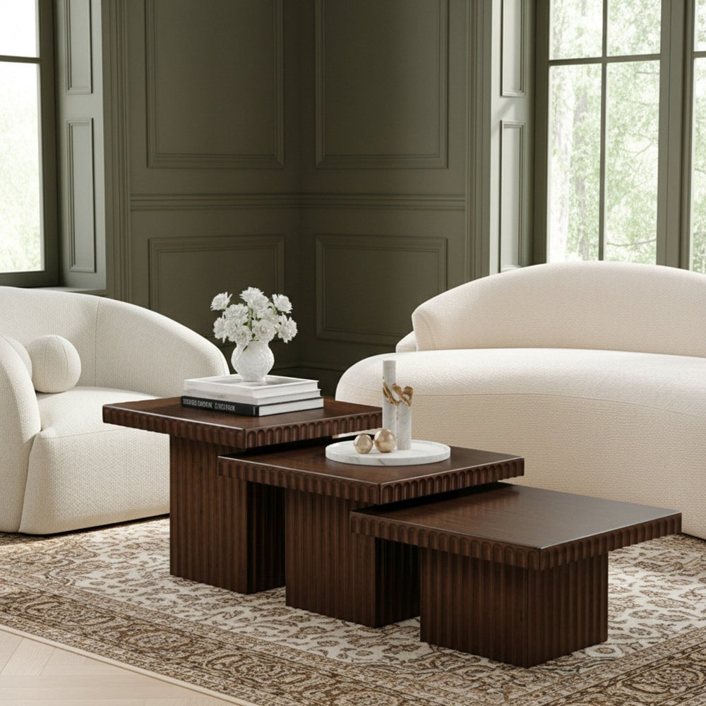 Meridian Furniture Spencer Modular Oak Veneer Coffee Table Fluted Base Walnut Finish Living Room 253Brown-CT-3A