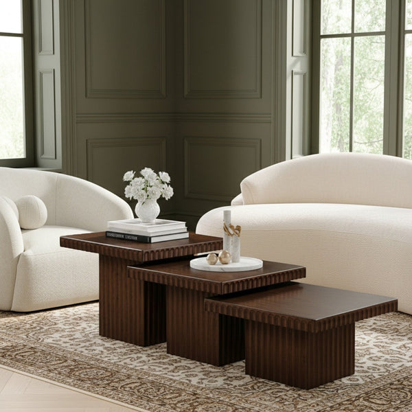 Meridian Furniture Spencer Modular Oak Veneer Coffee Table Fluted Base Walnut Finish Living Room 253Brown-CT-3A