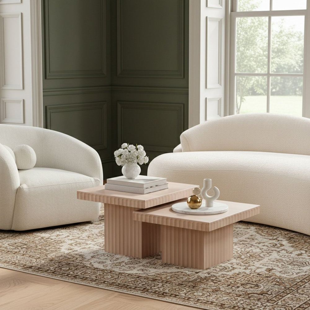 Meridian Furniture Spencer Fluted Oak Veneer Nesting Coffee Tables for Living Room Sectional Layouts 253Oak-CT-2A