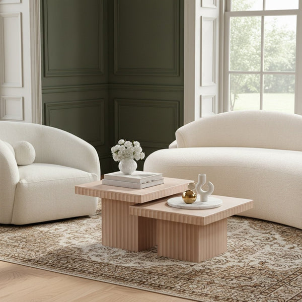 Meridian Furniture Spencer Fluted Oak Veneer Nesting Coffee Tables for Living Room Sectional Layouts 253Oak-CT-2A