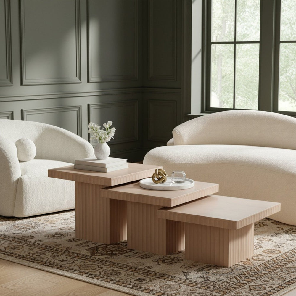 Meridian Furniture Spencer Fluted Oak Veneer Modular Three Piece Coffee Table for Modern Living Rooms 253Oak-CT-3A