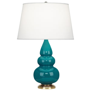 Robert Abbey Peacock Small Triple Gourd Accent Lamp Peacock Glazed Ceramic with Antique Natural Brass Finished Accents Pearl Dupioni Fabric Shade