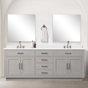 English Elm White Oak Double Bath Vanity With White Quartz Countertop & 34 In. Frameless Mirrors, 84 In. W B2731S01556-GIGA