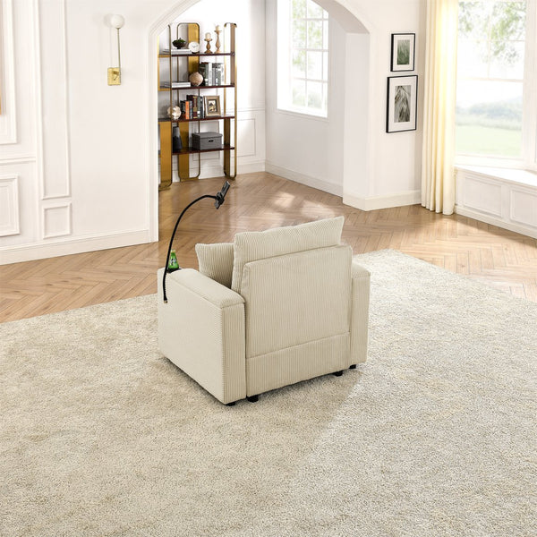 English Elm Modern Sofa Chair With Ottoman, Storage, Cup & Phone Holders – Plush Beige Corduroy For Comfort W1117S00199