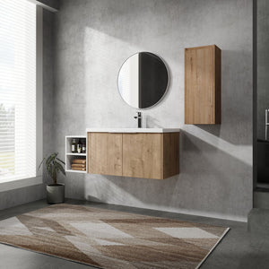 English Elm 48" Wall-Mounted Bathroom Vanity Set With Sink & Side Cabinet - Modern Storage Solution For Small Spaces W999S00235