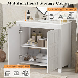 English Elm 36" Bathroom Vanity Organizer with Ceramic Sink, Solid Wood Distressed Finish, Hand-Painted Charm and Ample Storage Antique White N729P255666K