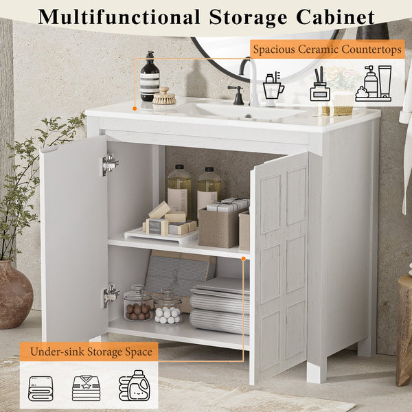English Elm 36" Bathroom Vanity Organizer with Ceramic Sink, Solid Wood Distressed Finish, Hand-Painted Charm and Ample Storage Antique White N729P255666K