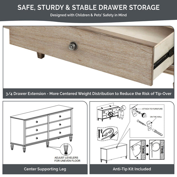JLA Home Madison Park Signature - 6-drawer Antique-Finish Wood Dresser 70" — 6 Spacious Drawers, Turned Legs, Metal Knobs, Anti-Tip Safety MPS137-0117