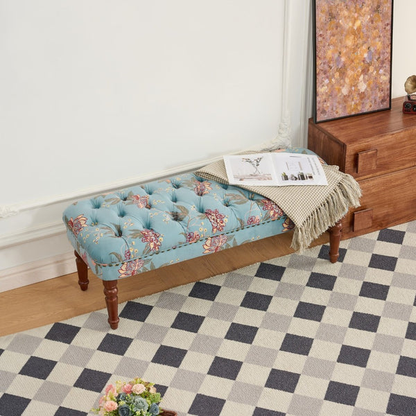 English Elm Sofa Accent Chair Tufted Floral Upholstery Turned Wood Legs European Vintage Bedroom W3373S00076