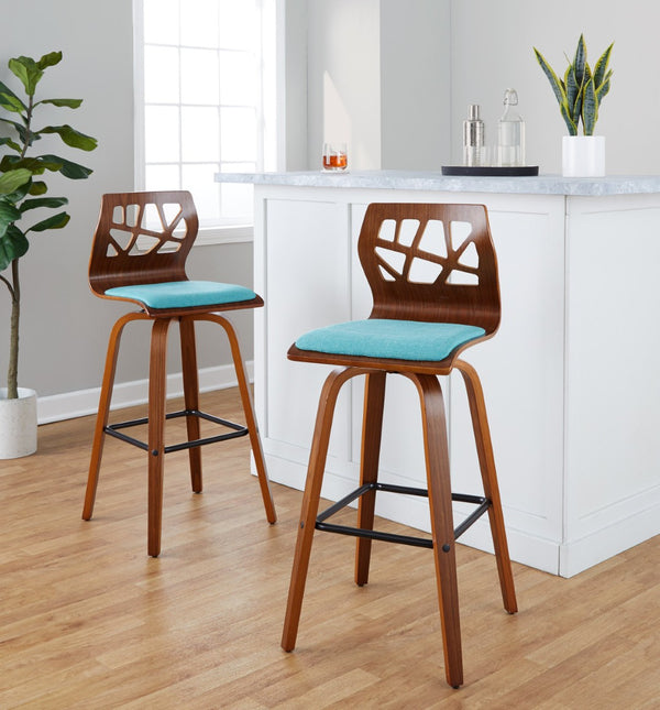 English Elm Fixed-height Swivel Barstools Walnut Legs Teal Upholstery Mid-century Modern Set of 2 B202S02185