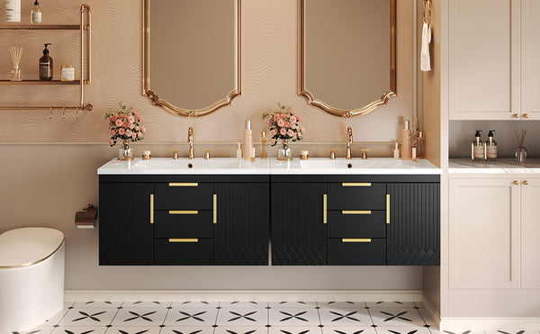 English Elm 36'' Wall Mounted Bathroom Vanity with Sink, Floating MDF Cabinet, 2 Drawers, Rust-Resistant Handles Black N710P253035B