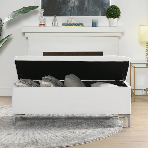 English Elm Jennifer Taylor Home - Madelyn 49" Modern Storage Bench in Bright White Dye - Upholstered Fabric, Flip-Top Storage, Chrome Legs B2719P238526