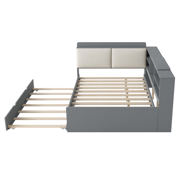 English Elm Wood Full Size platform bed with trundle, built-in storage headboard and shelves, sturdy pine frame Gray GX002055AAE
