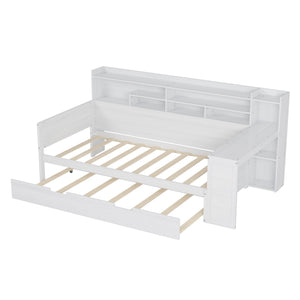 English Elm Wooden Twin Daybed with Trundle, Built-In Desk and Side Storage Shelves for Space-Saving Living Antique White 54.4 L x 18 W x 5.6 H N733S242275K