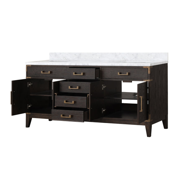 English Elm Brown Oak 72" Double Bathroom Vanity with Carrara Marble Top, Solid Wood, Soft-Close Drawers, Ample Storage B2731P259879