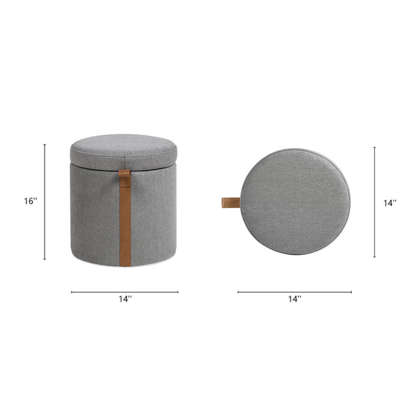 English Elm Jennifer Taylor Home - Brandy Compact 14" Round Upholstered Storage Ottoman with Leather Accent Tab, Linen Neutral Chic Gray B2719P269256