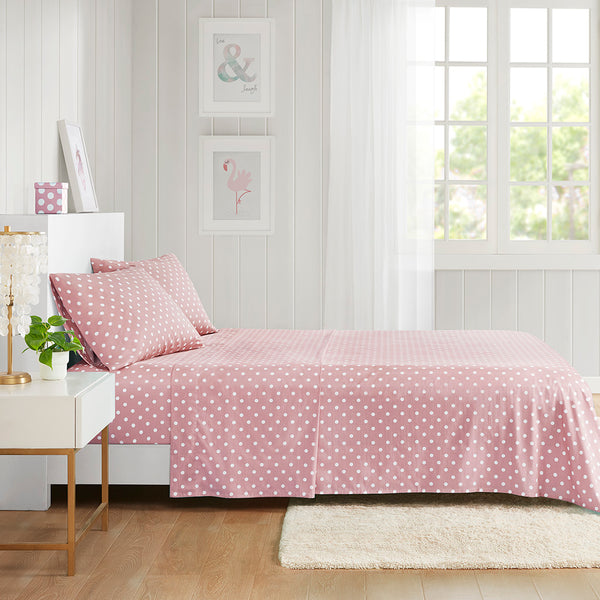 JLA Home Mi Zone - Printed Polka Dot 100% Cotton Percale Sheet Set — Breathable OEKO-TEX Kids Bedding, Durable Comfort Pink MZ20-417
