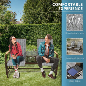 English Elm Outsunny 2 Person Outdoor Glider Bench With Center Table, Breathable Mesh Seats, Steel Frame Gray W2225P174325-GIGA