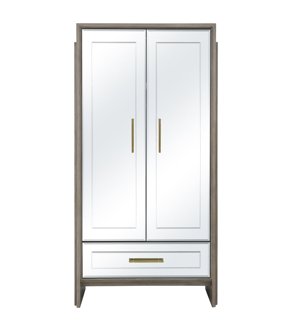 Basset Mirror Lansing Tall Bar Cabinet - Modern Glam Elegance With Mirrored Doors, Gold Hardware & Ample Storage Gray Wood,Mirror 2542-lr-475