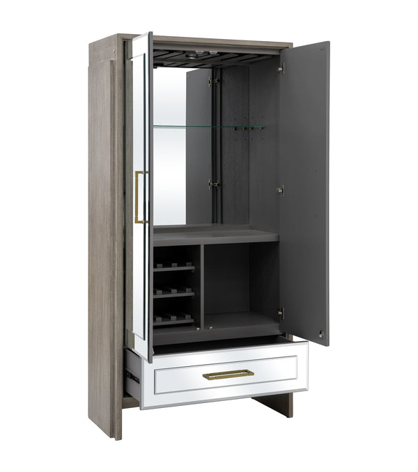 Basset Mirror Lansing Tall Bar Cabinet - Modern Glam Elegance With Mirrored Doors, Gold Hardware & Ample Storage Gray Wood,Mirror 2542-lr-475
