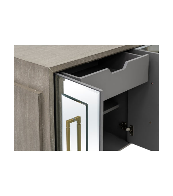 Basset Mirror Lansing Server - Modern-glam Cerused Grey Oak Cabinet With Mirrored Doors & Gold Accents, Stylish Storage Gray Wood,Mirror 2542-dr-576