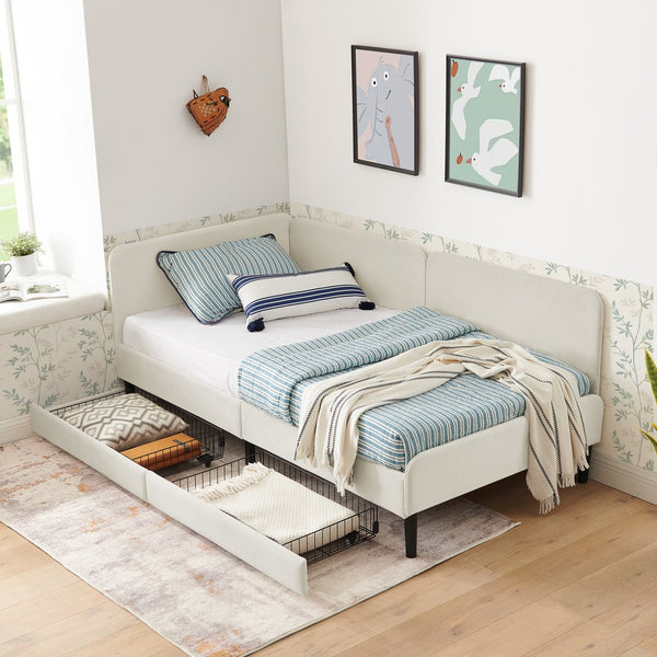 English Elm Twin Velvet Upholstered Platform Bed with 2 Underbed Storage Drawers, Convertible Sofa, Beige Twin W1413P298909
