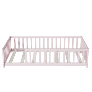 English Elm Twin Solid Rubberwood Floor Bed with Full Perimeter Safety Rails for Toddler Rooms Pink W504P296798