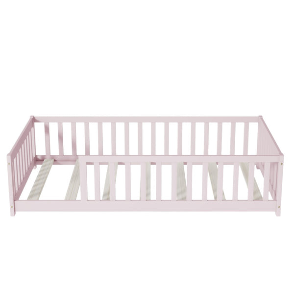 English Elm Twin Solid Rubberwood Floor Bed with Full Perimeter Safety Rails for Toddler Rooms Pink W504P296798