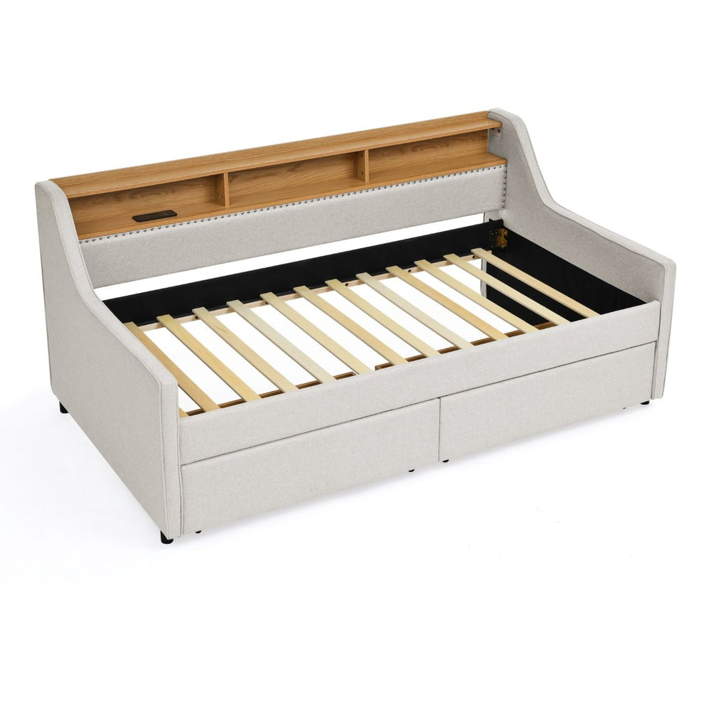 English Elm Twin Size Upholstered Sofa Bed With Led Lighting, Wireless Charging & Storage Drawers In Beige W1413S00056-GIGA