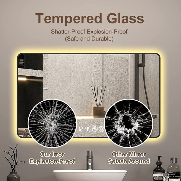 English Elm 48x32 Black Frame Wall Mirror with Time & Temp Display, 3-Color Dimmable LED, Defogger, Safety Glass W2709P242468