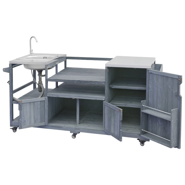 English Elm K&k Solid Fir Outdoor Kitchen Island with Sink Stainless Steel Top and Grill Cutout Grey+Blue N707S000022G