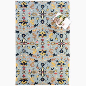Capel Rugs Avanti-serapi Vibrant Mosaic Wool Area Rug With Eclectic Patterns And Hand-worked Accents Misty Blue, Gold 100% Wool 2544rs09001200410